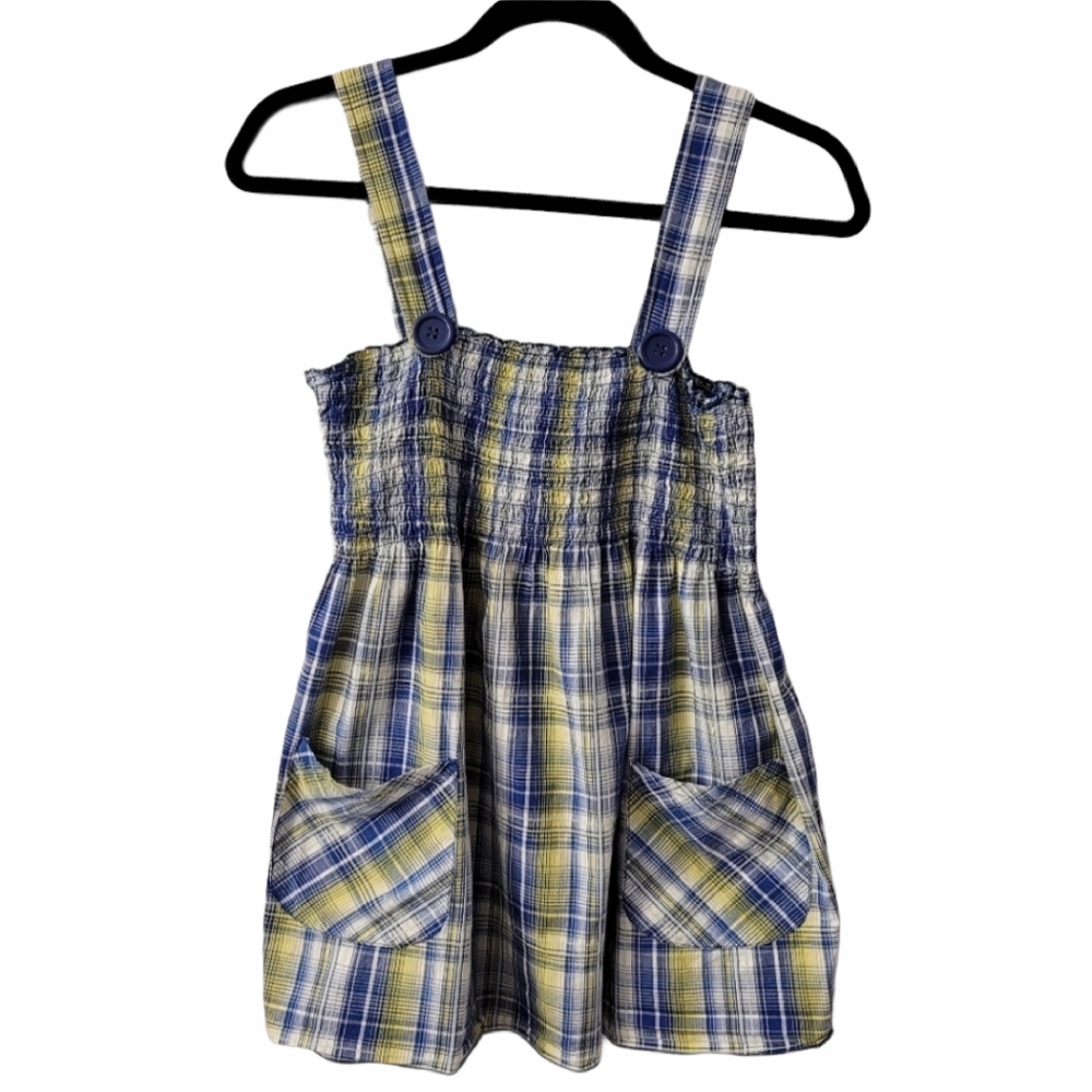 Blue and Yellow Plaid Vintage Tube Tank Top Sz Lg Front pockets